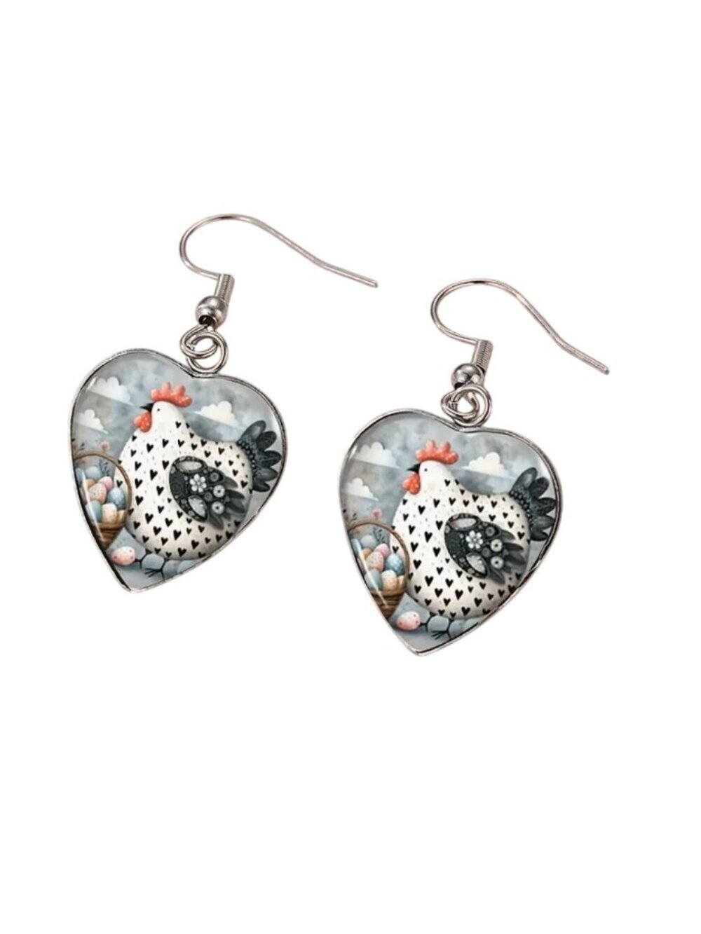 Cute Hen Heart Dangle Earrings Silver Tone